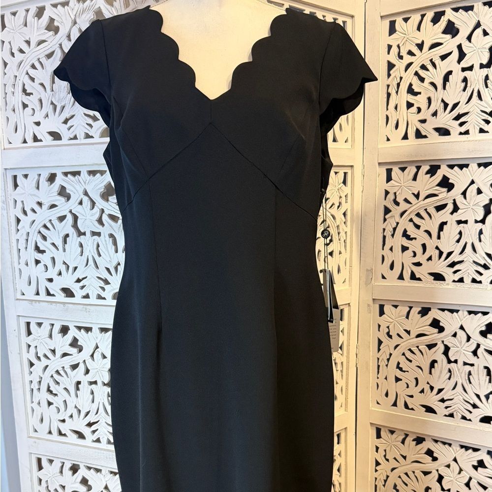 NWT Adrianna Papell Black Scalloped Detail Sheath Dress Sz 14 / fits like 12